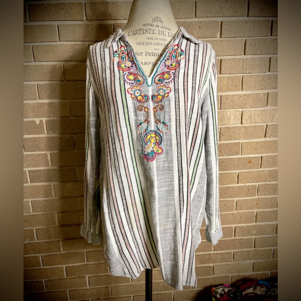 SOFT SURROUNDINGS “Aruba” Striped Soft Cotton Embroidered Long Sleeve Tunic
